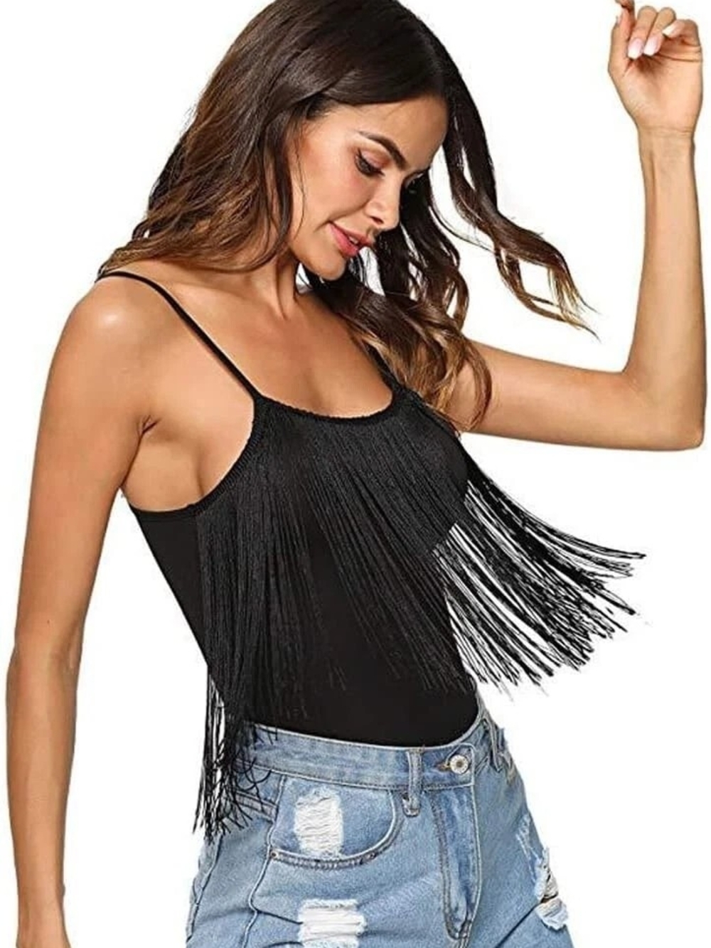 Black Fringe Spaghetti Strap Bodysuit -